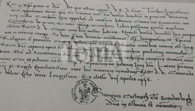 Letra e Skanderbegut drejtuar Papa Kaliktit III, 8 prill 1456