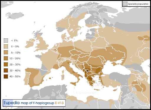 Shpërndarja e haplogrupit E-V13 në Europë