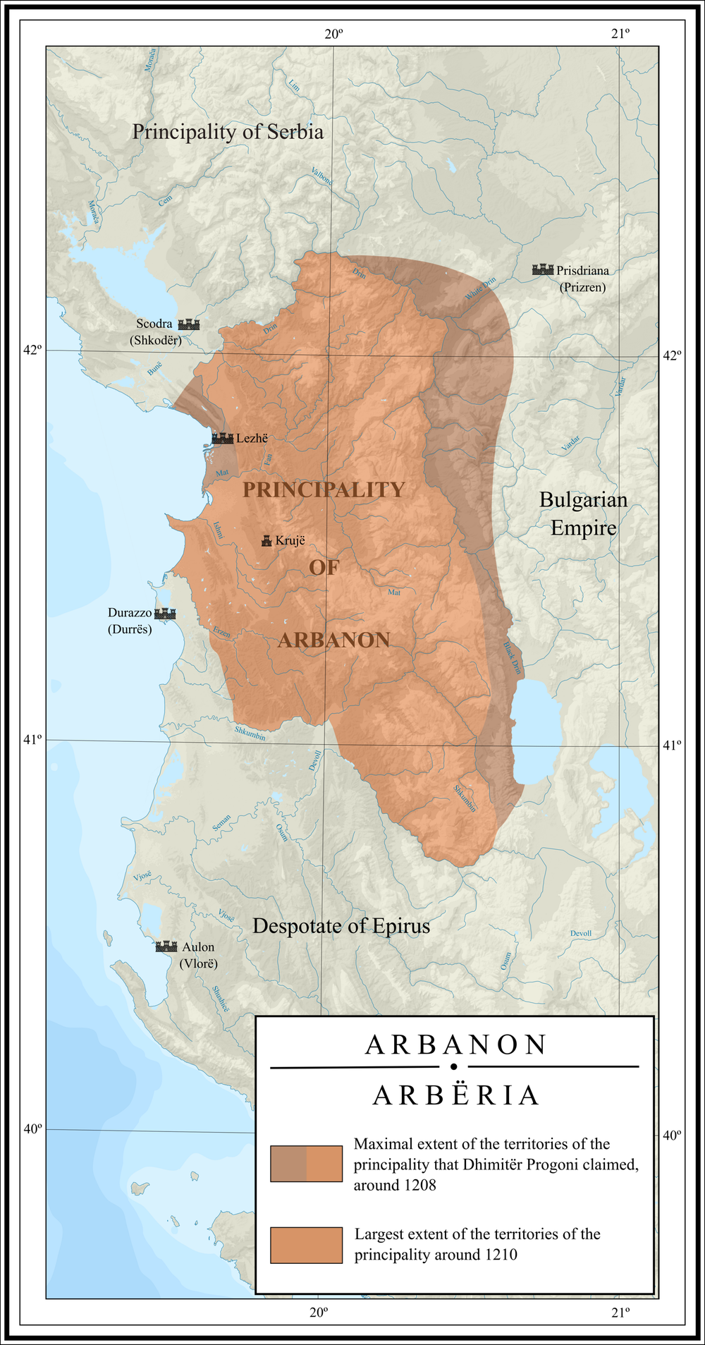Hartë historike e Principatës së Arbanonit (Arbëria) rreth vitit 1208–1210, me qendrat Krujë, Lezhë, Shkodër dhe Durrës.