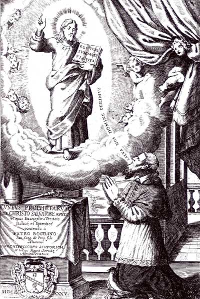 Pjetër Bogdani në lutje — gravurë nga fontispici i veprës “Cuneus Prophetarum” (Padovë, 1685)
