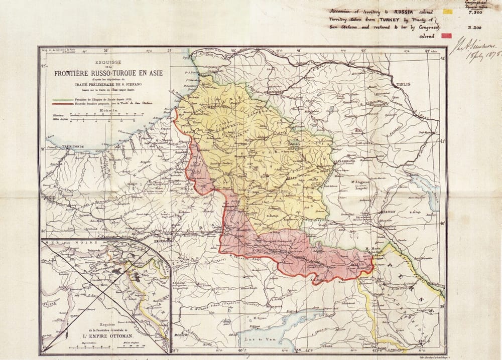 Harta e kufijve të rivizatuar nga Traktati i Shën-Stefanit, 1878 — vijat e ndarjes së Ballkanit të vendosura pa asnjë zë shqiptar. Autor i panjohur