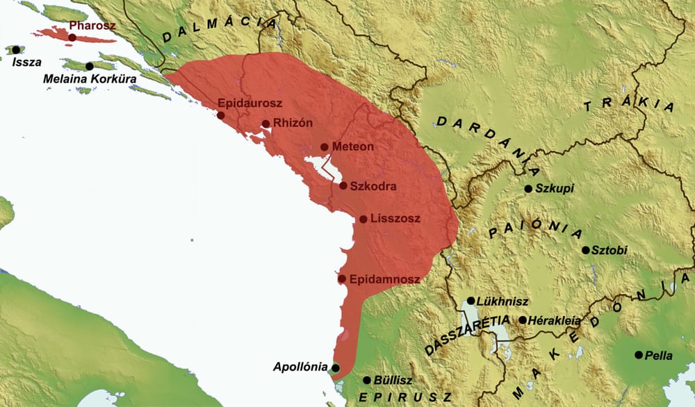 Mbretëria ilire e Agronit më 231 p.e.s. — realiteti mbi të cilin sundoi shtëpia ardiane e Triteutës. Hartë: Pasztilla /