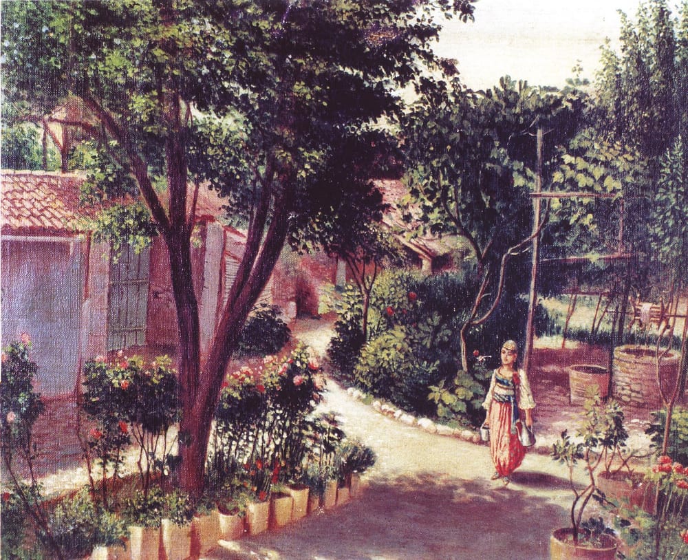 Piktura «Oborri i shpisë shkodranë» e Kolë Idromenos, rreth vitit 1920