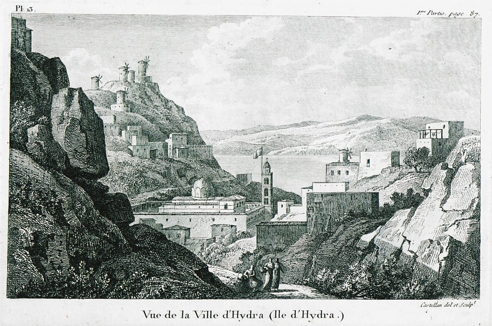Pamje e qytetit të Hidrës, ishulli arvanitas që dha bërthamën e flotës greke në Luftën e Pavarësisë — Antoine-Laurent Castellan, 1808