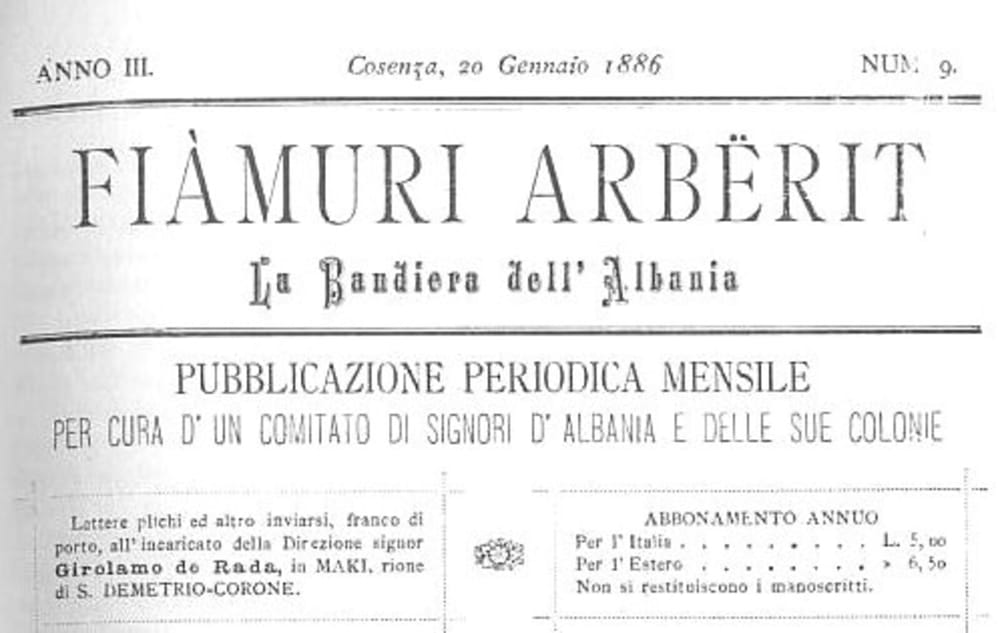 Ballina e revistës “Flamuri i Arbërit” (1886), themeluar nga Jeronim De Rada