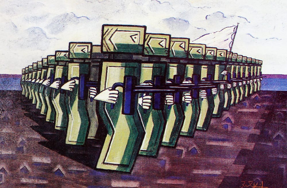 Ibrahim Kodra, «Lufta për paqe» (1977), vaj mbi kanavacë