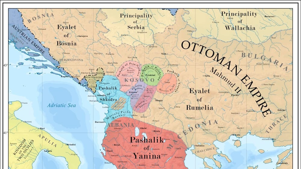 Pashallëqet shqiptare rreth 1815–1821: Shkodra nën Mustafa Pashë Bushatin dhe Janina nën Ali Pashë Tepelenën. N.Hoxha