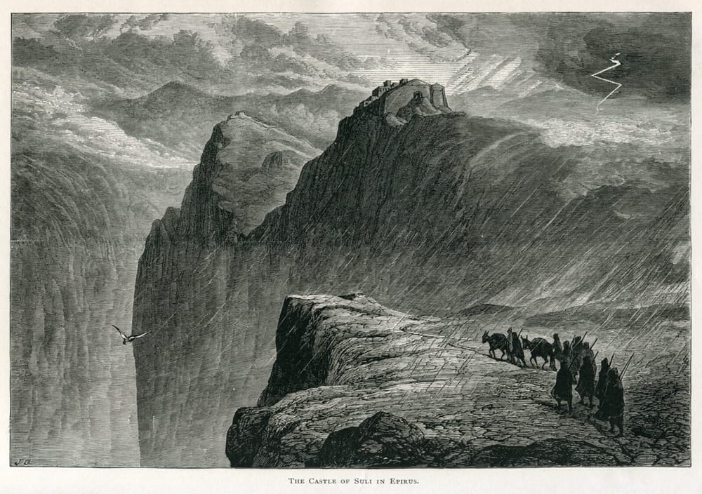 Kalaja e Kiafës në Suli, gravurë e vitit 1890 nga John Pentland Mahaffy