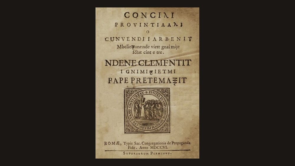 Faqja e titullit e «Concilium Provinciale sive Nationale Albanum» (Romë, Propaganda Fide, 1706)