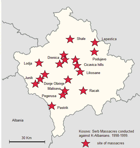 Harta e masakrave të kryera nga forcat serbe kundër popullsisë shqiptare të Kosovës