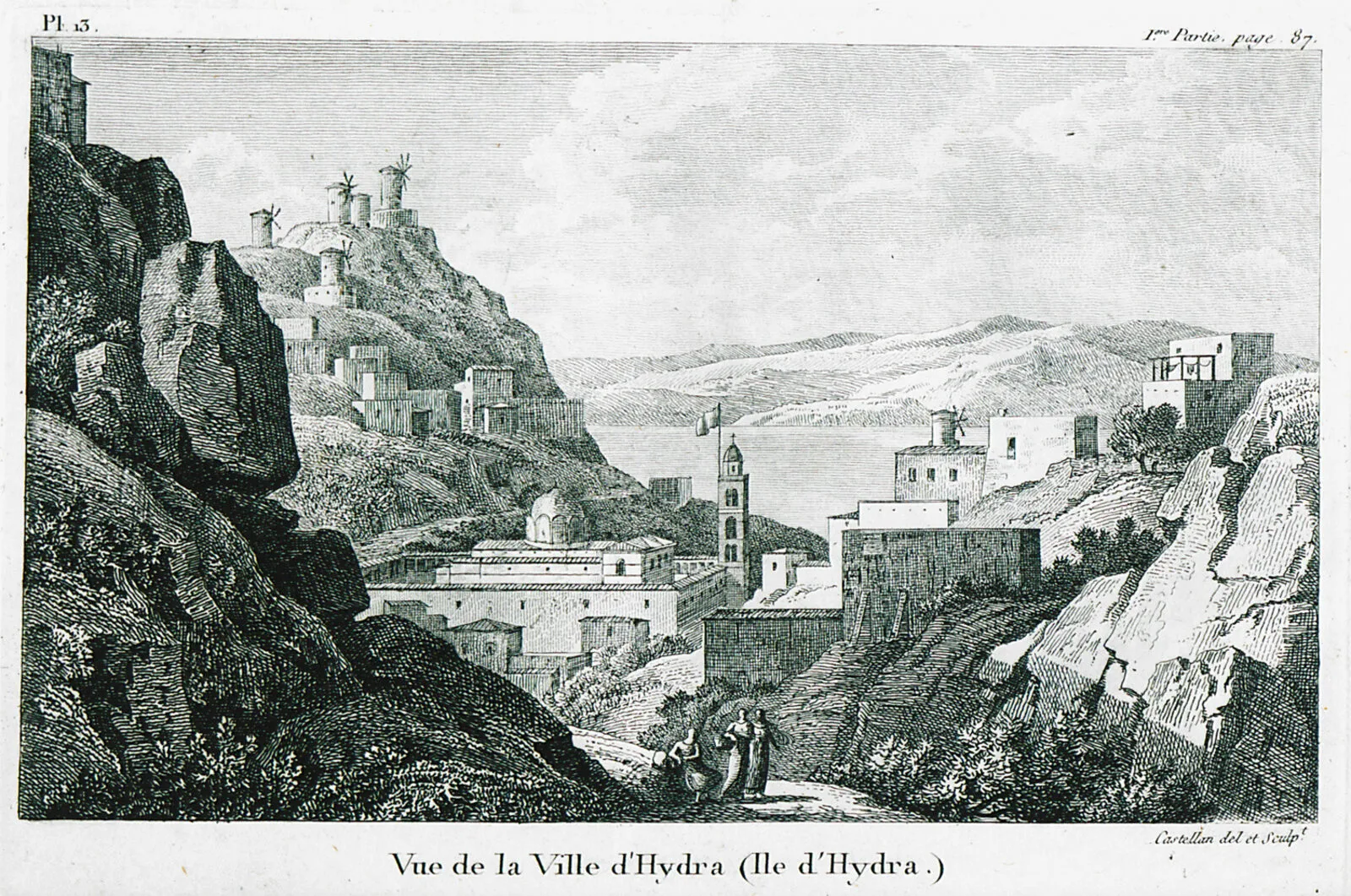 Pamje e qytetit të Hidrës, ishulli arvanitas që dha bërthamën e flotës greke në Luftën e Pavarësisë — Antoine-Laurent Castellan, 1808
