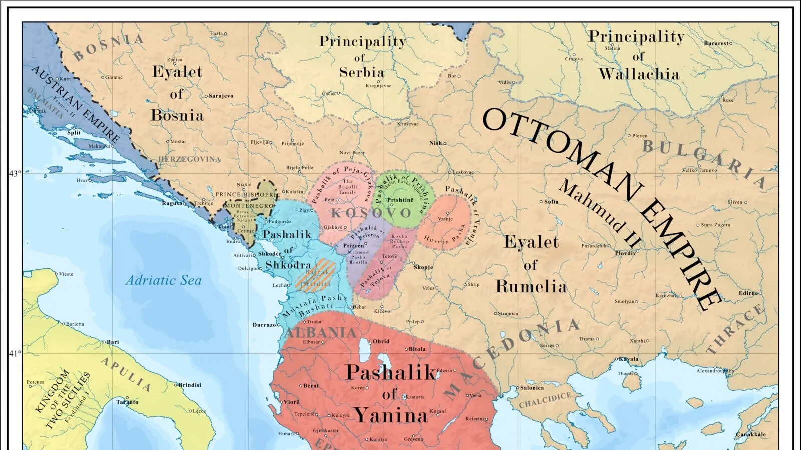 Pashallëqet shqiptare rreth 1815–1821: Shkodra nën Mustafa Pashë Bushatin dhe Janina nën Ali Pashë Tepelenën. N.Hoxha