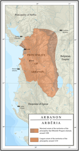 Harta e Principatës së Arbanonit (Arbëria), rreth 1208–1210, nën Dhimitër Progonin. Wikimedia Commons — Ahmet Q
