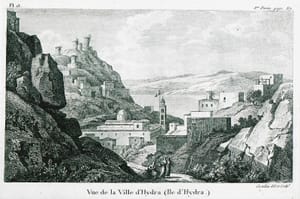 Pamje e qytetit të Hidrës, ishulli arvanitas që dha bërthamën e flotës greke në Luftën e Pavarësisë — Antoine-Laurent Castellan, 1808
