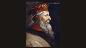 Portreti i Skënderbeut nga galeria e Uffizi-t, Firence (shek. XVI, piktor i panjohur) — një nga imazhet themeluese të ikonografisë. Domen publik