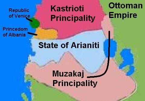 Hartë mesjetare e Principatës së Arianitëve në Shqipërinë qendrore dhe jugore
