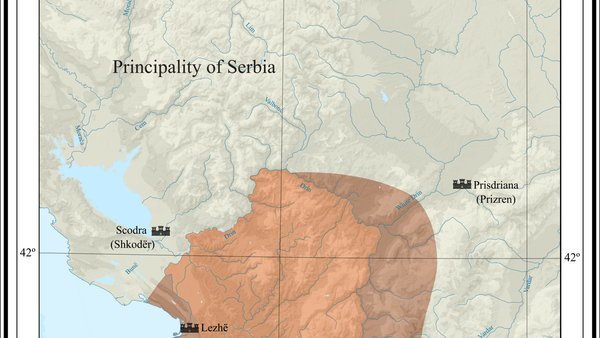 Harta e Principatës së Arbanonit (Arbëria), rreth 1208–1210, nën Dhimitër Progonin. Wikimedia Commons — Ahmet Q