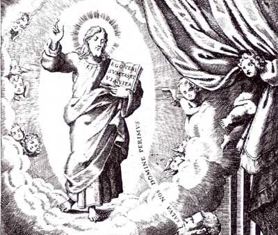 Pjetër Bogdani në lutje — gravurë nga fontispici i veprës “Cuneus Prophetarum” (Padovë, 1685)