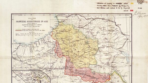 Harta e kufijve të rivizatuar nga Traktati i Shën-Stefanit, 1878 — vijat e ndarjes së Ballkanit të vendosura pa asnjë zë shqiptar. Autor i panjohur