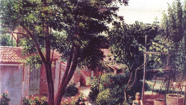 Piktura «Oborri i shpisë shkodranë» e Kolë Idromenos, rreth vitit 1920