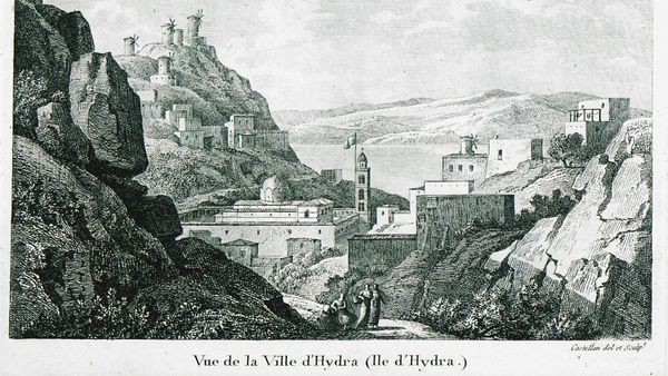 Pamje e qytetit të Hidrës, ishulli arvanitas që dha bërthamën e flotës greke në Luftën e Pavarësisë — Antoine-Laurent Castellan, 1808