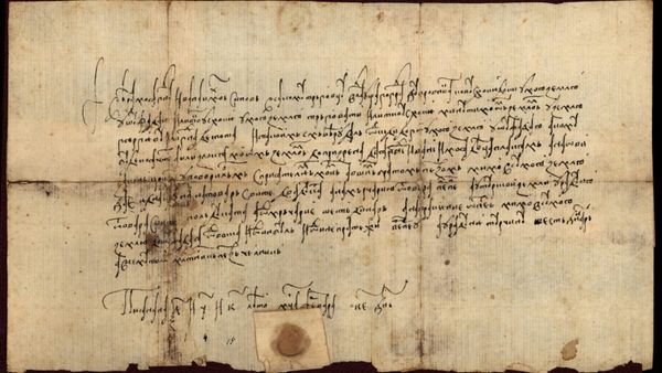 Karta e Gjon Kastriotit e vitit 1420, me stemën e tij në fund — një nga dokumentet e pakta të dorës së parë të shtëpisë Kastrioti. Domen publik
