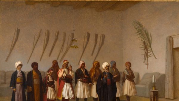Pikturë e Jean-Léon Gérôme: burra shqiptarë me fustanella duke u lutur mbi qilima, me shpata të varura në mur