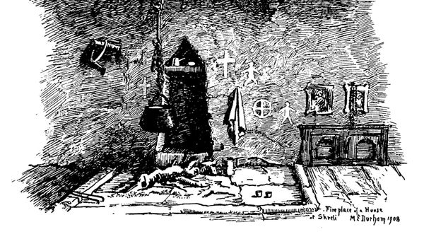 Vatra e një shtëpie të Shkrelit, vizatuar nga Edith Durham
