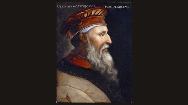 Portreti i Skënderbeut nga galeria e Uffizi-t, Firence (shek. XVI, piktor i panjohur) — një nga imazhet themeluese të ikonografisë. Domen publik