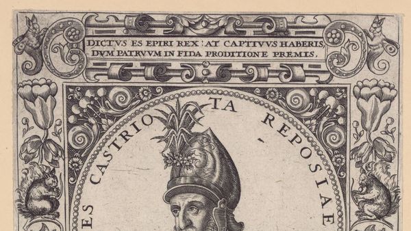 Portret i gdhendur i një burri me mjekër, me përkrenare me pupla e mantel, brenda një medaljoni me mbishkrimin latin «Ameses Castriota Reposiae F.», në një kornizë me lule e kafshë