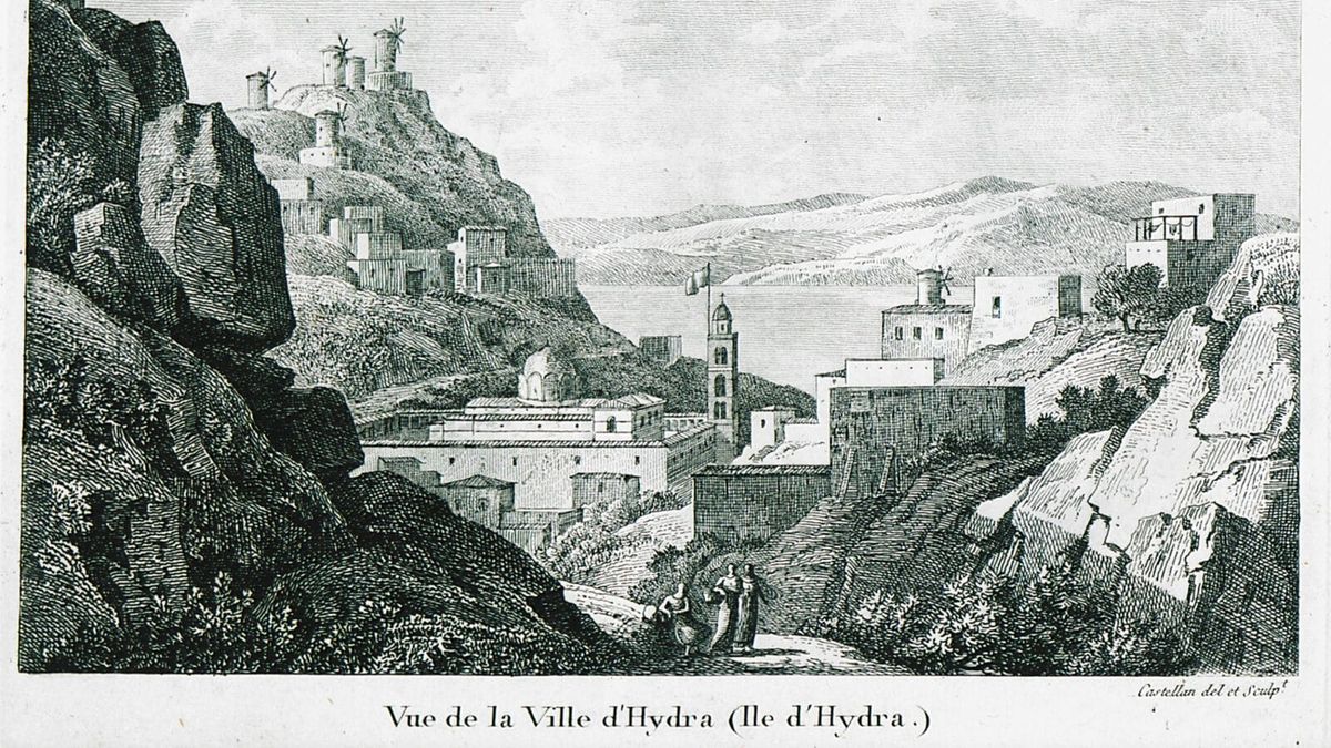Pamje e qytetit të Hidrës, ishulli arvanitas që dha bërthamën e flotës greke në Luftën e Pavarësisë — Antoine-Laurent Castellan, 1808