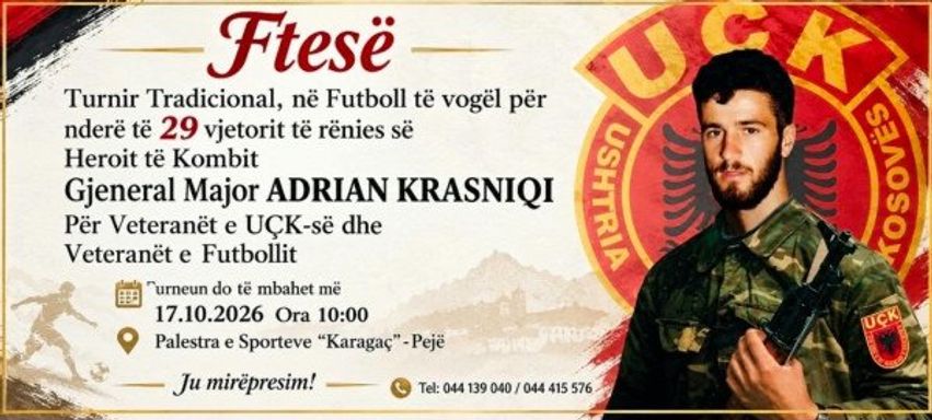 Peja organizon turne për nder të Heroit të Kombit Adrian Krasniqi