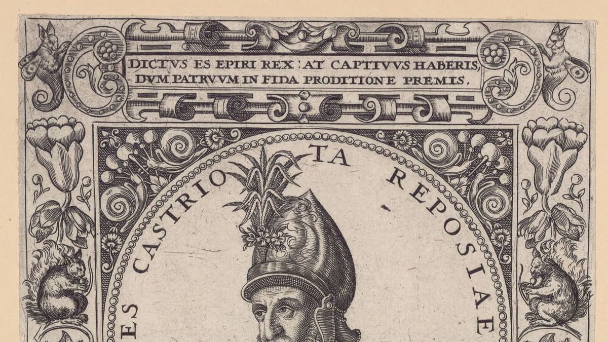 Portret i gdhendur i një burri me mjekër, me përkrenare me pupla e mantel, brenda një medaljoni me mbishkrimin latin «Ameses Castriota Reposiae F.», në një kornizë me lule e kafshë